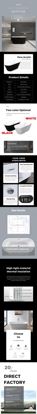 67" Acrylic Freestanding Bathtub-Acrylic Soaking Tubs, Oval Shape Black Freestanding Bathtub With Chrome Overflow and Pop Up Drain,cUPC Certified