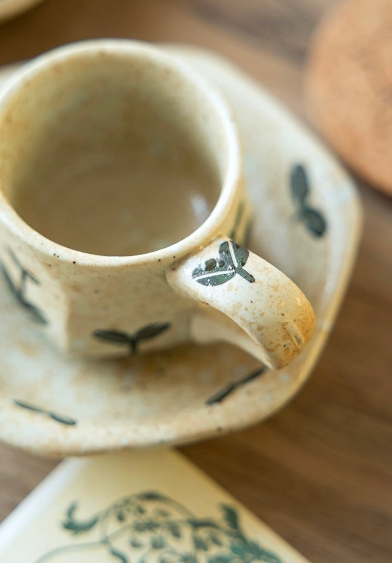 Hasami-Yaki Ceramic Hand-Painted Floral and Leaf Pattern Coffee Cup