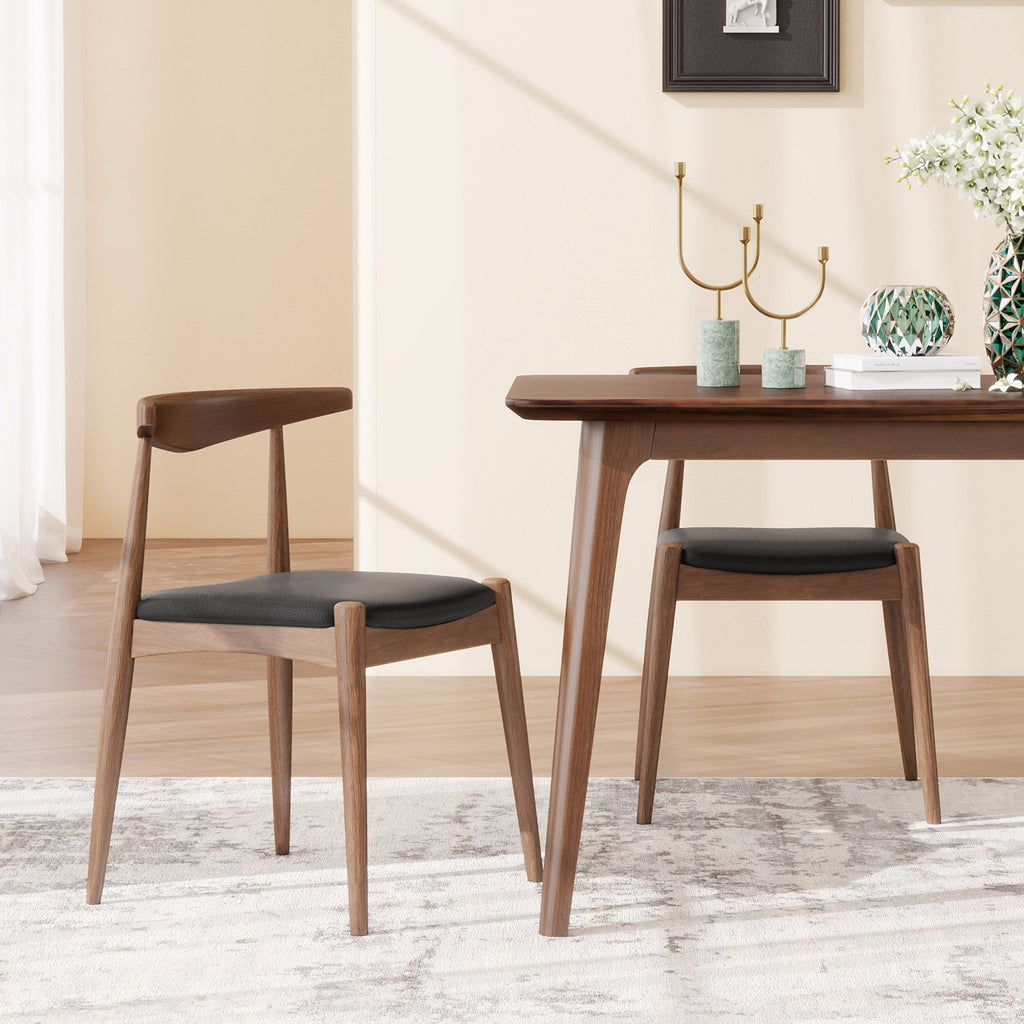 Retro Dining Chairs Set of 2 – Black Faux Leather & Walnut Rubberwood Frame with Ergonomic Contoured Back