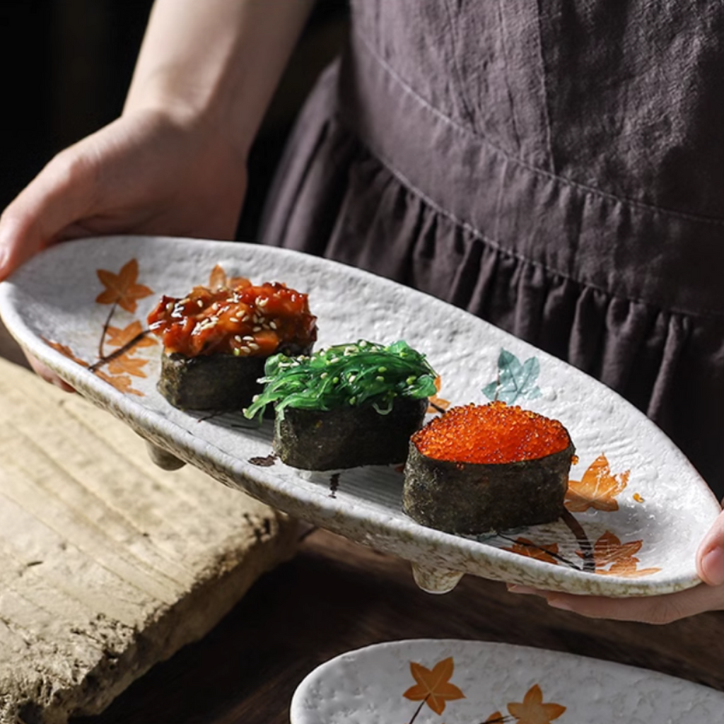 Fukutora Ware Hand-Painted Maple Leaf Sushi Plate