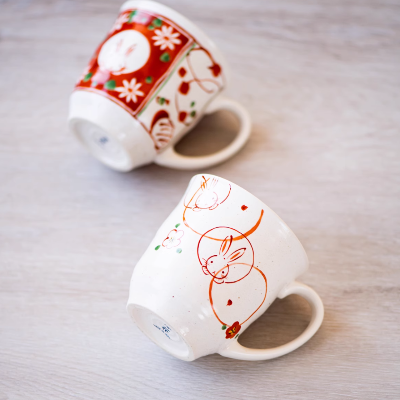Mino Ware Wind, Flower, Snow & Rabbit Couple Mug Set – Wedding & Housewarming Gift