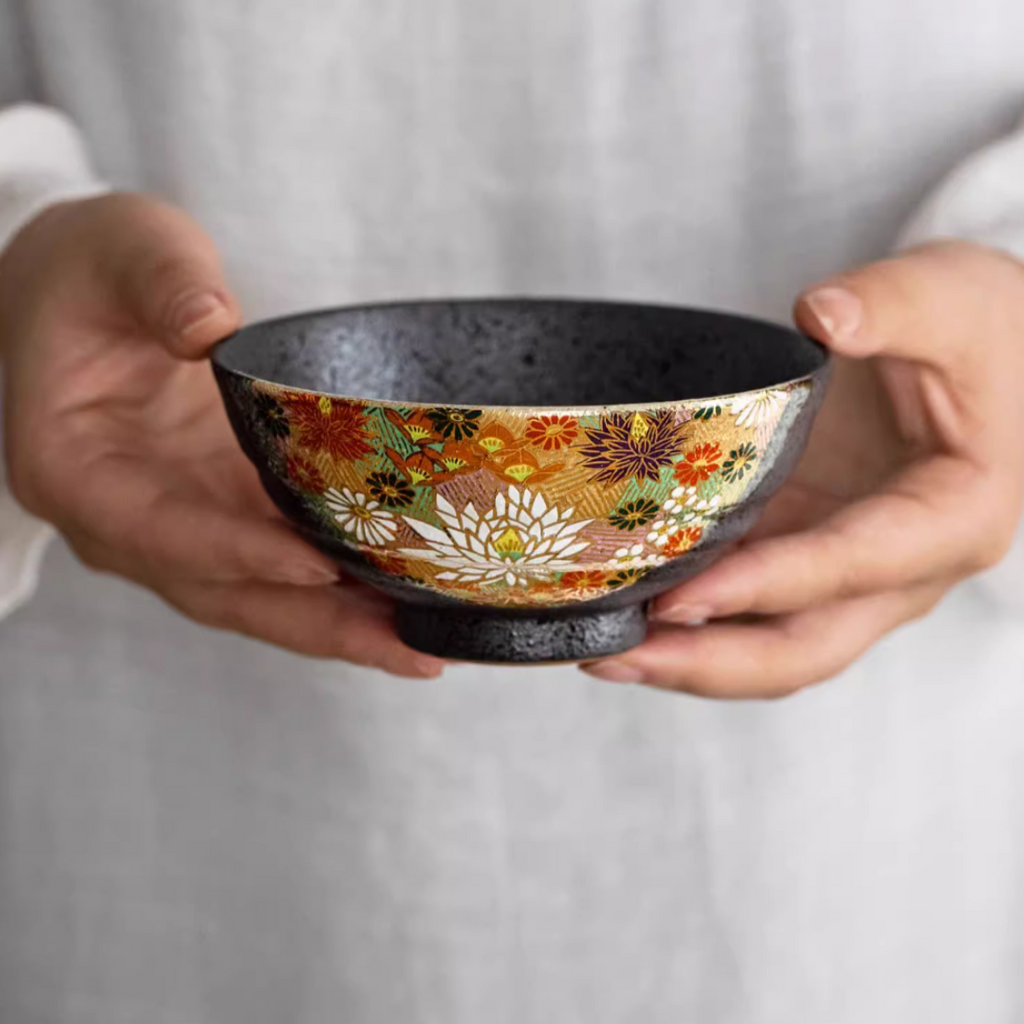 Kutani Ware Golden Floral Sea Rice Bowl Set