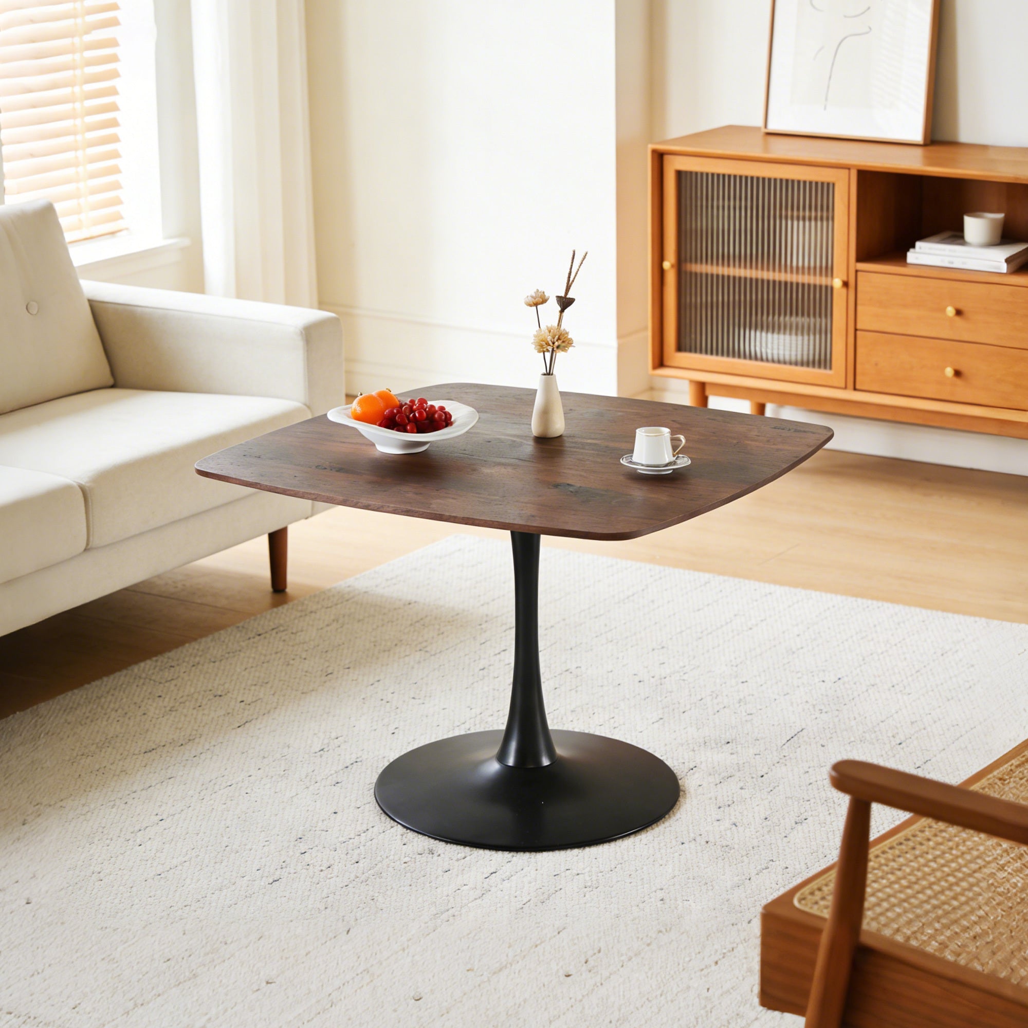 42 Inch Square Dining Table for 4-6 Person, Mid-Century Modern Tulip Table with Sturdy Metal Pedestal Base, Walnut Brown MDF Tabletop, Kitchen & Breakfast Table for Small Space, Apartment, Dining Room