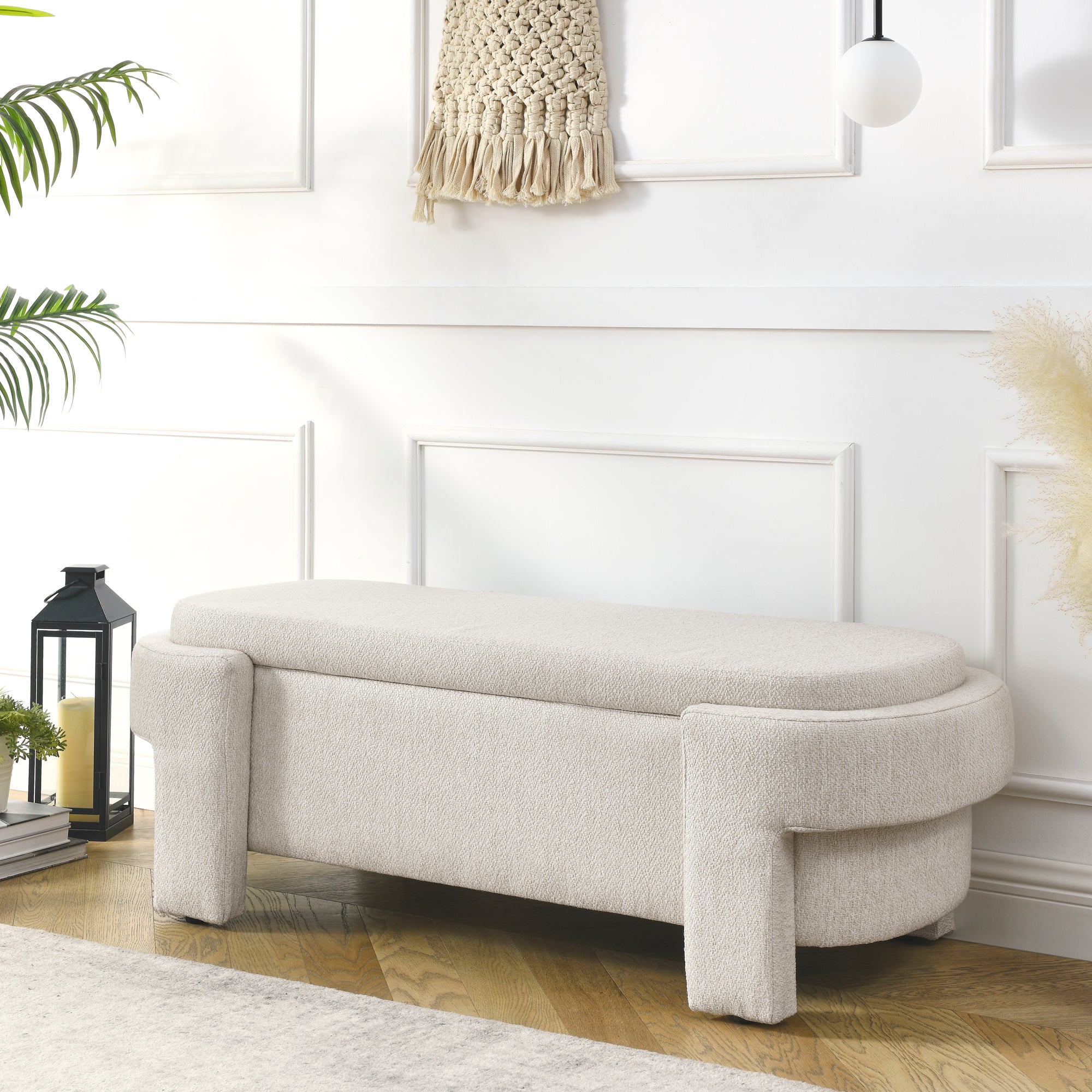 Linen Fabric Upholstered Bench in Beige