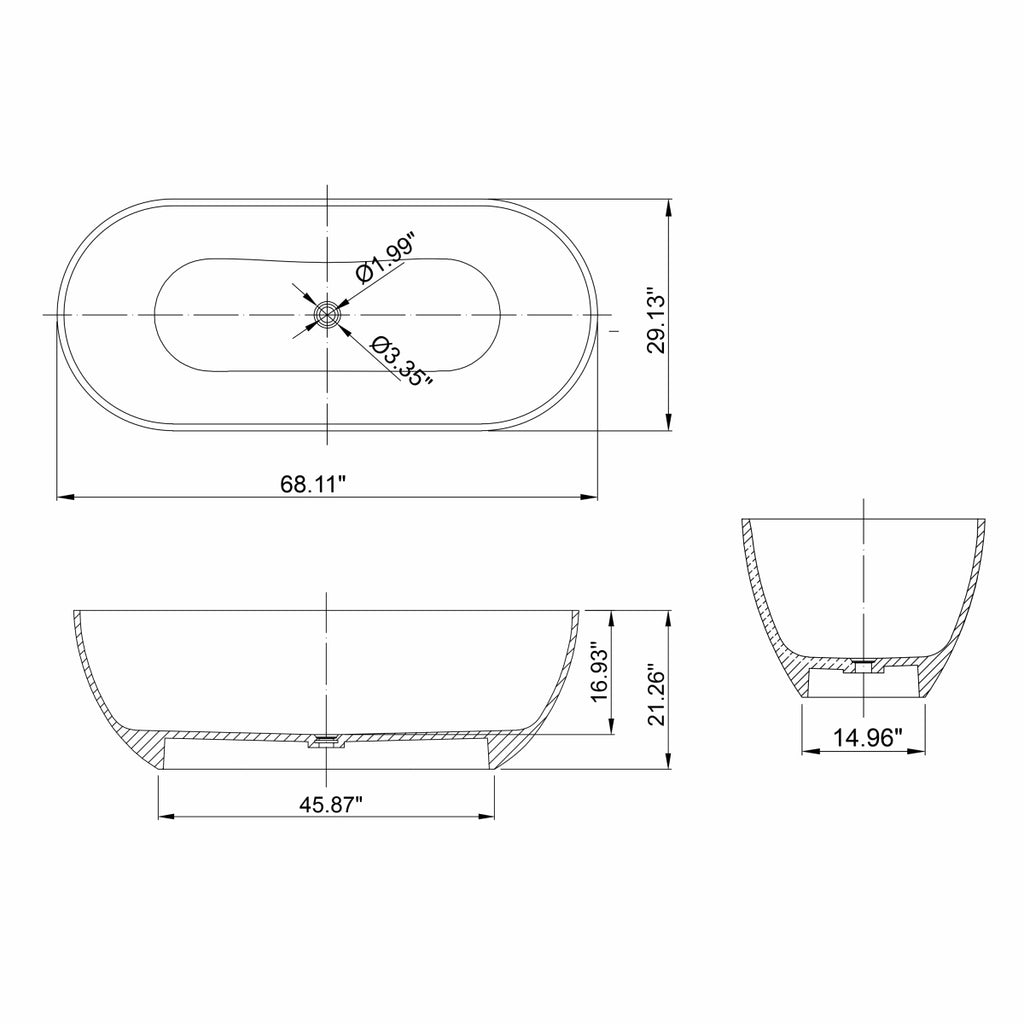 69 Inch Oval Freestanding Soaking Tub | Translucent Grey Blue Resin Stone| Deep Bath