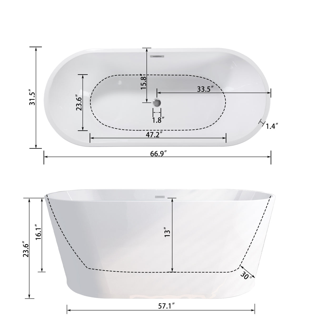 67" Luxury Glossy Freestanding Tub