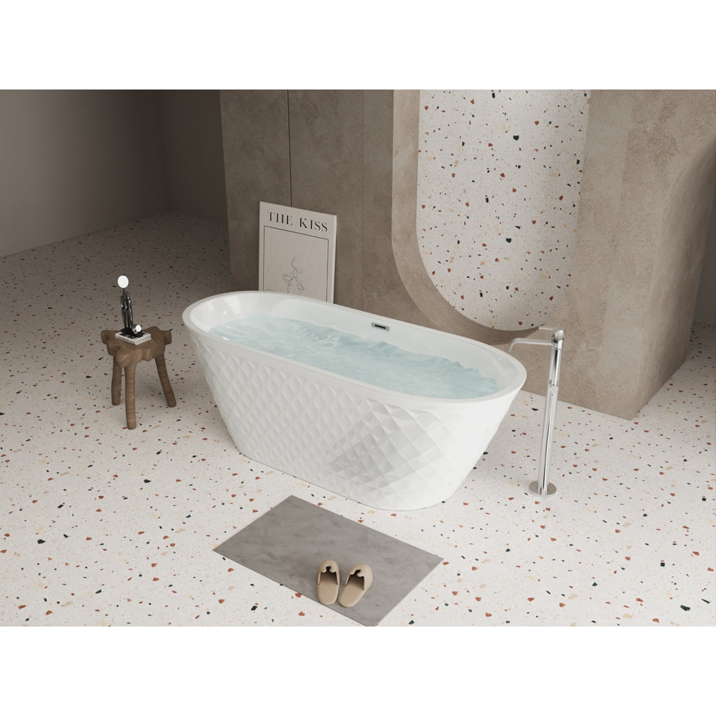 67'' acrylic freestanding bathtub with unique diamond pattern design: spacious oval shape,  Gloss white finish, Chrome overflow and pop-up drain CUPC