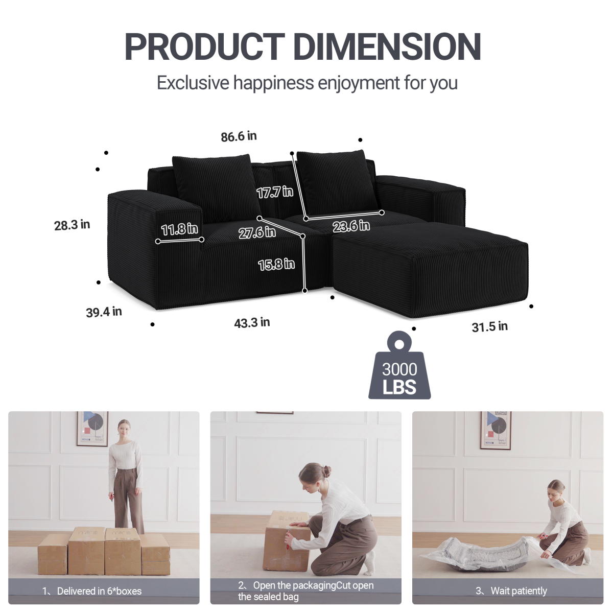 Modular Convertible Oversized Chaise Longue Sofa- Soft Corduroy Velvet, Flexible Setup