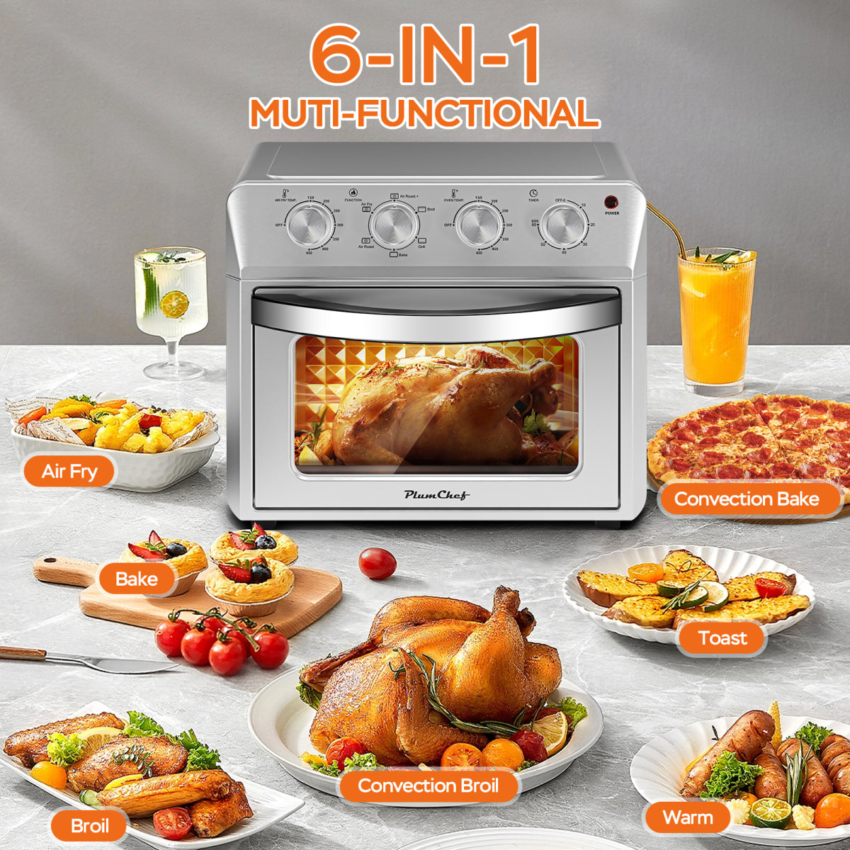 Plum Chef 27.5QT 6-in-1 Air Fryer Oven Countertop 1600W Silver Family Size