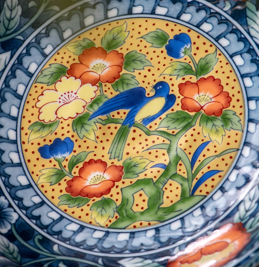 Mino Ware Imperial Style Red Floral and Bird Pattern Plate