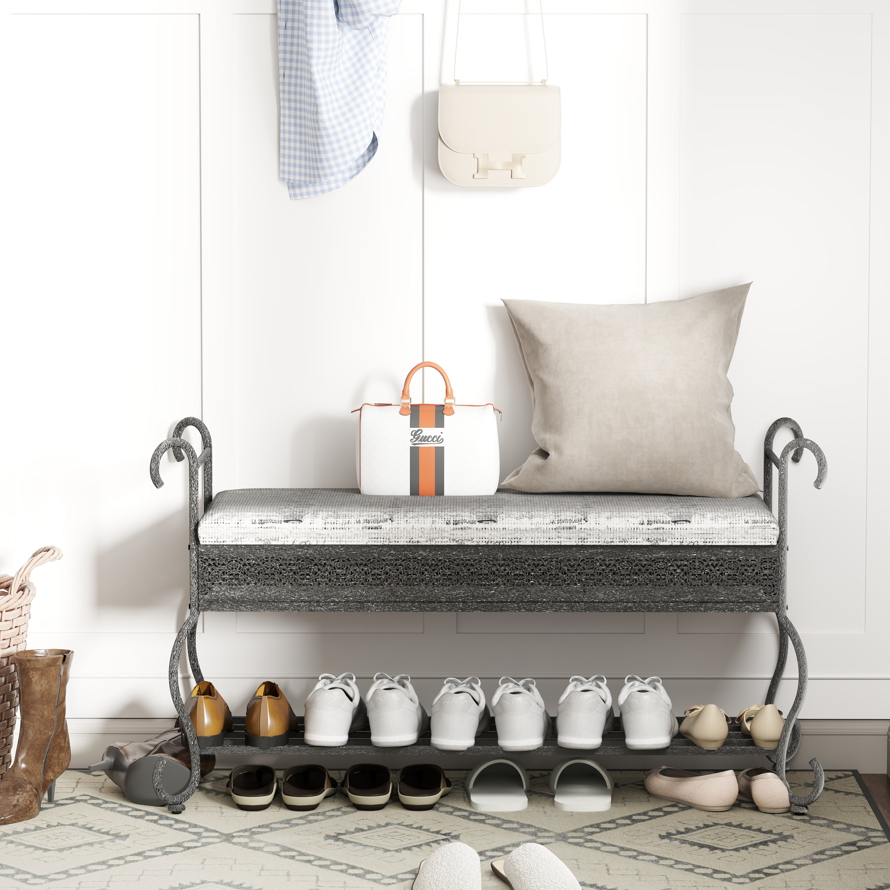 Shoe Rack Bench for Entryway in Black and Silver
