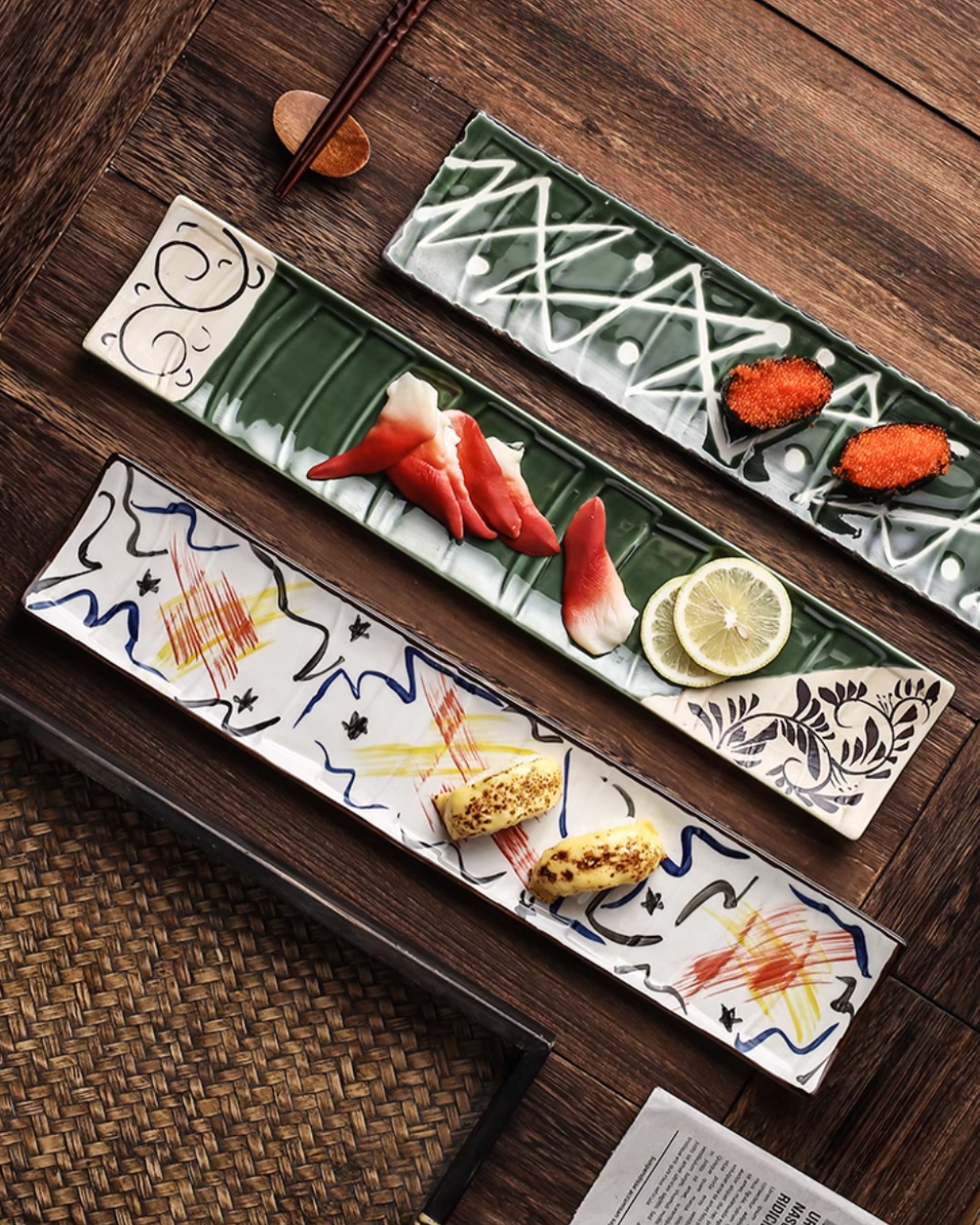 Fukutora Ware Hand-Painted Checkered Long Sushi Plate