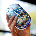 Edo Kiriko Hand-Carved Amber Lightning Pattern Whiskey Glass