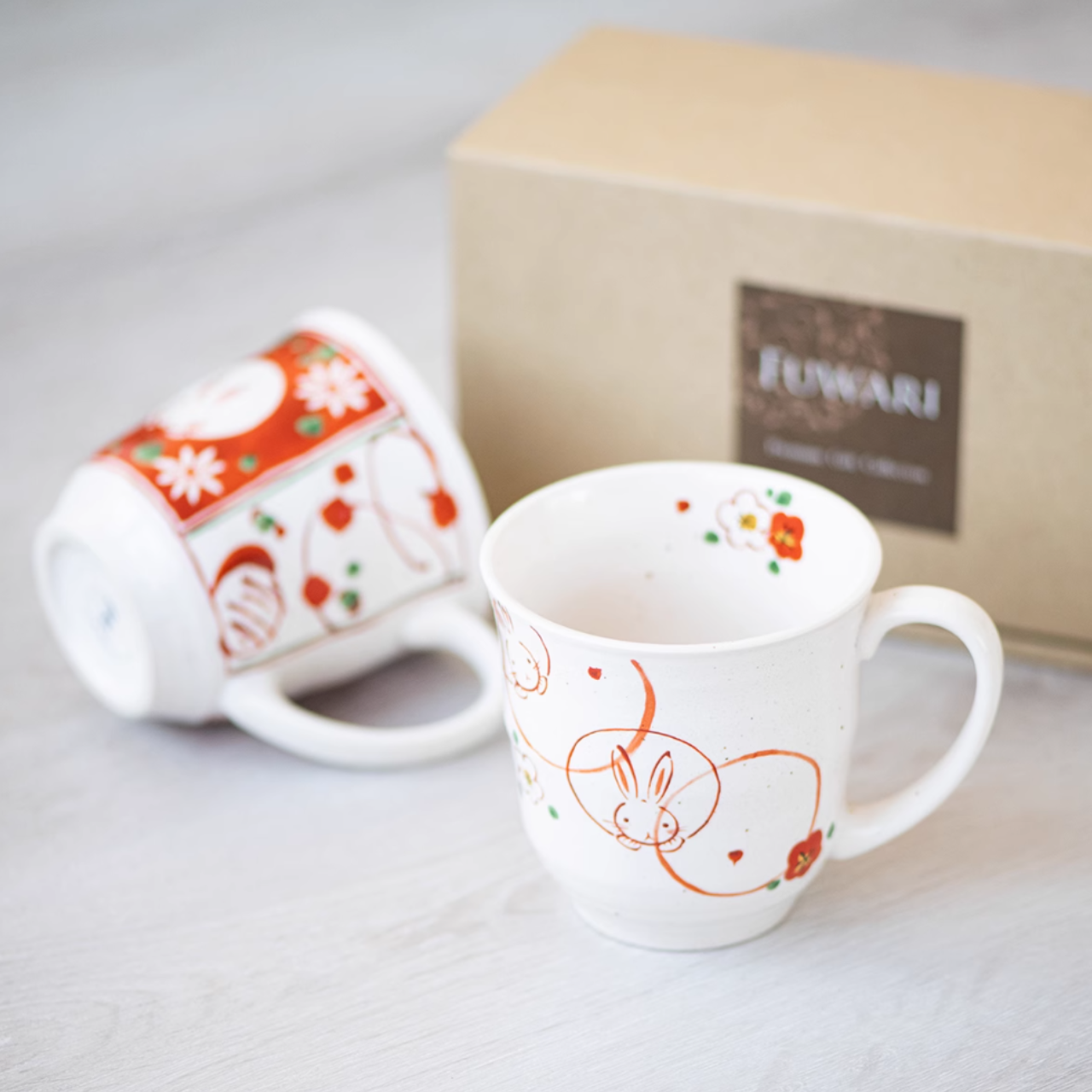 Mino Ware Wind, Flower, Snow & Rabbit Couple Mug Set – Wedding & Housewarming Gift