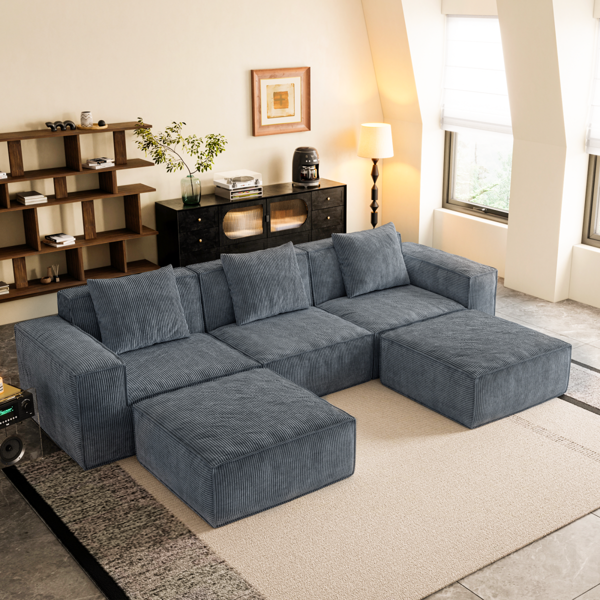 ShineHome 118 Inch Modular Sofa Bed Gray Corduroy Cloud Velvet Fabric With Flexible Configuration And Two Footrests