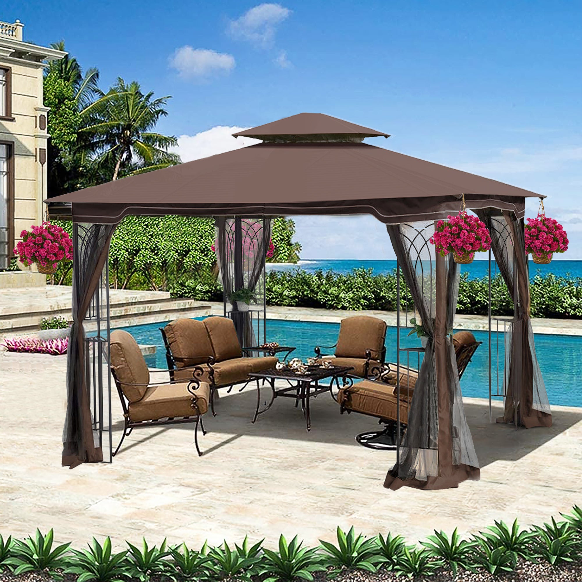 10×10 ft Outdoor Patio Gazebo with Mosquito Net — Double-Tiered Roof, Steel Frame, Brown