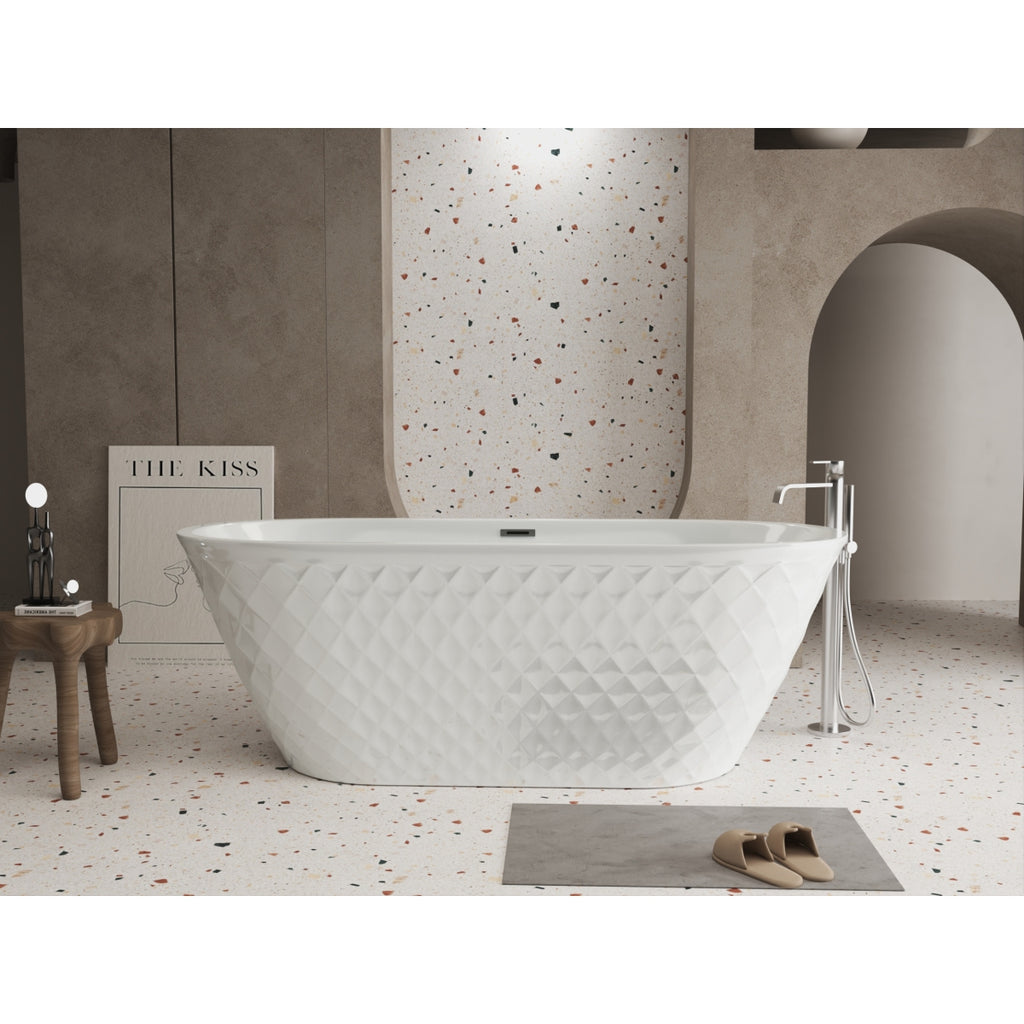 59'' acrylic freestanding bathtub with unique diamond pattern design: spacious oval shape,  Gloss white finish, Chrome overflow and pop-up drain CUPC