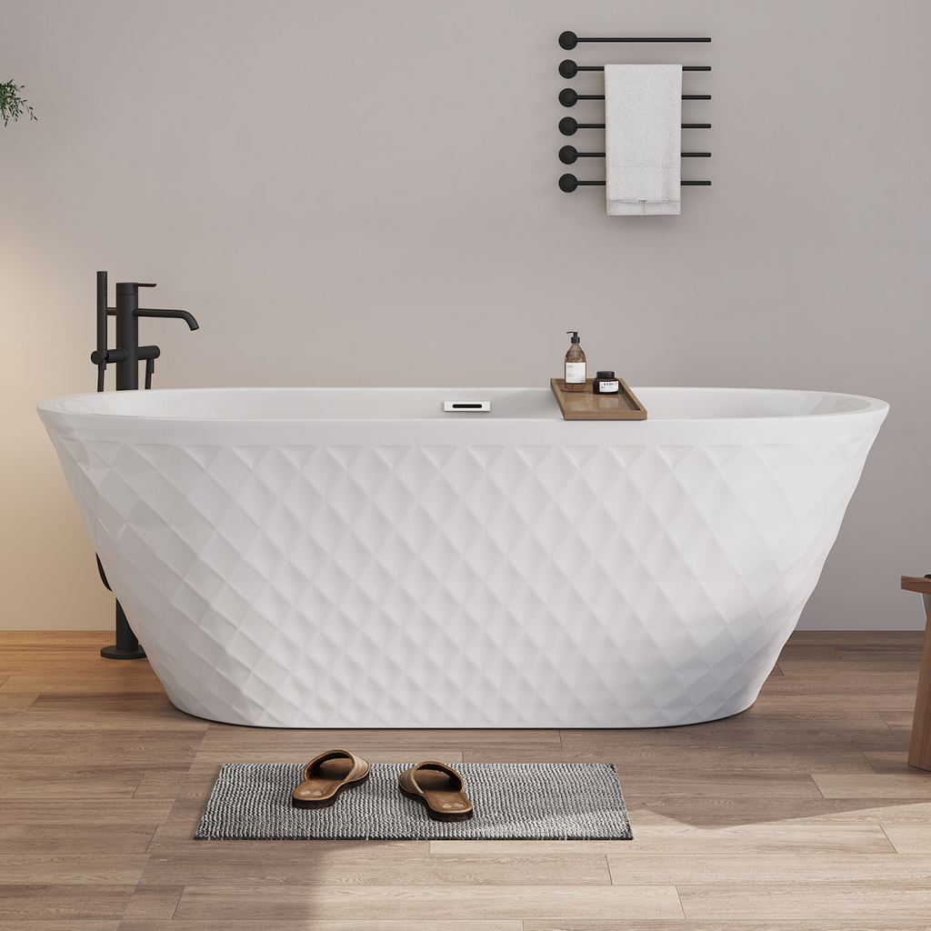 67'' acrylic freestanding bathtub with unique diamond pattern design: spacious oval shape,  Gloss white finish, Chrome overflow and pop-up drain CUPC