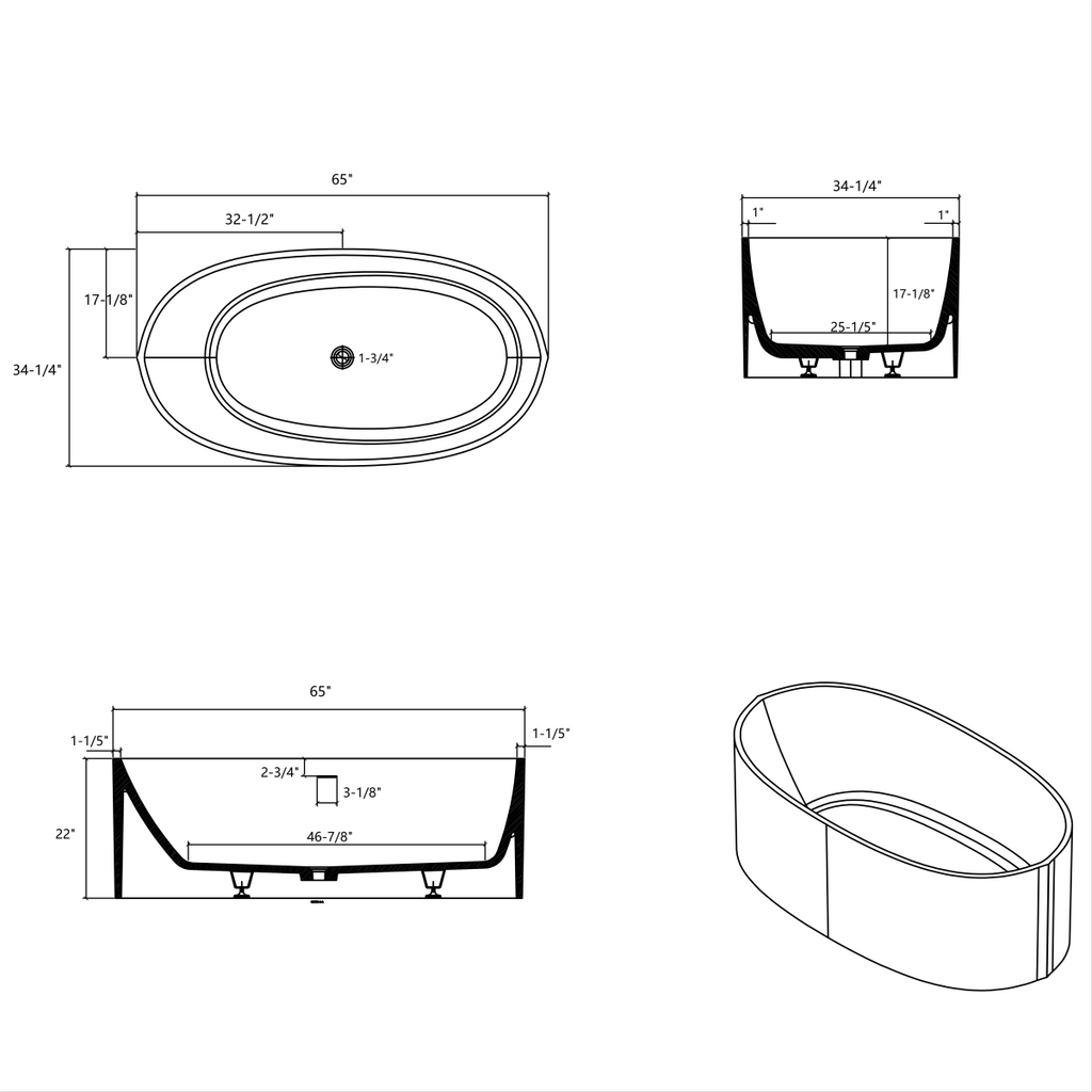 Luxury 65" Matte White Bathtub