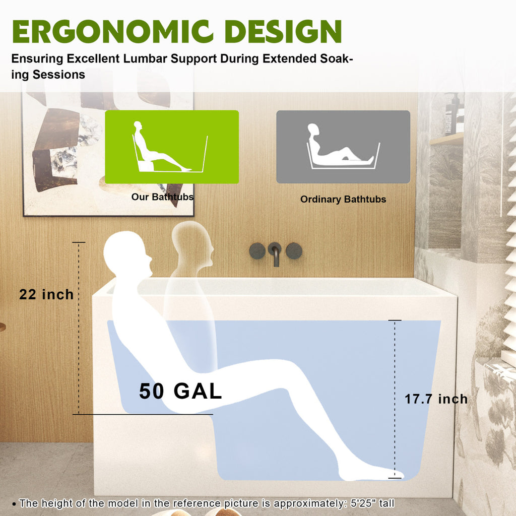 43" Acrylic Freestanding Bathtub with seat: Spacious rectangle Shape, Gloss White Finish, Chrome Overflow & Pop-Up Drain