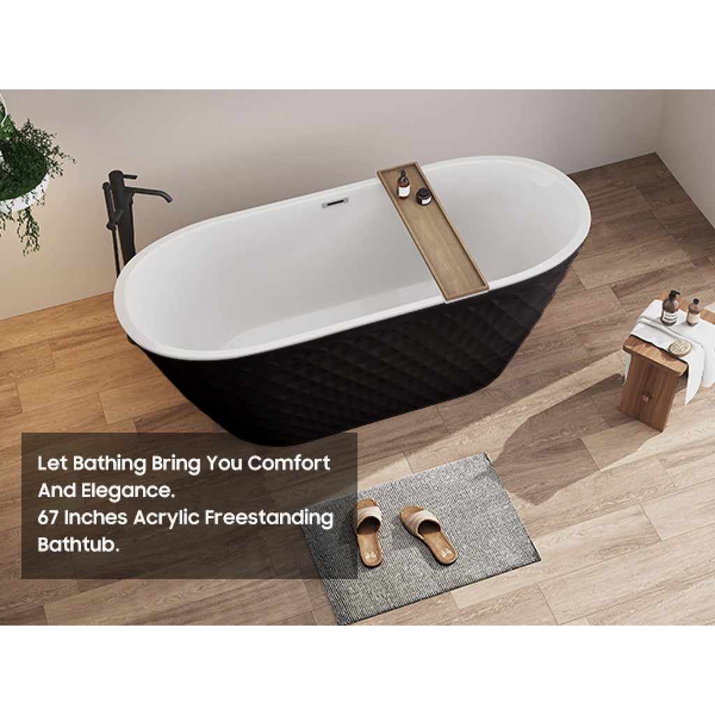 67'' acrylic freestanding bathtub with unique diamond pattern design: spacious oval shape, Black finish, Chrome overflow and pop-up drain CUPC