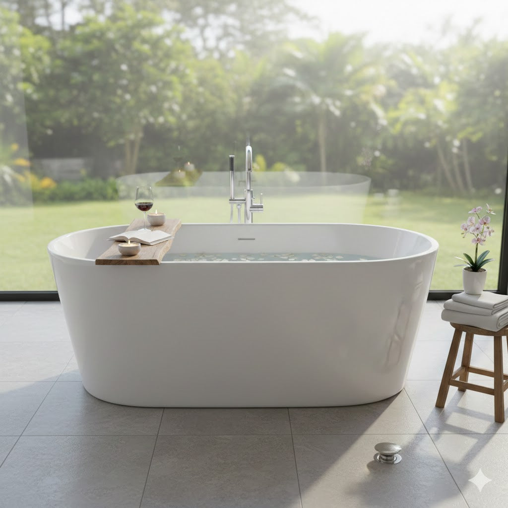 59" Modern Freestanding Bathtub - Glossy White Acrylic, Center Drain & Anti-Slip