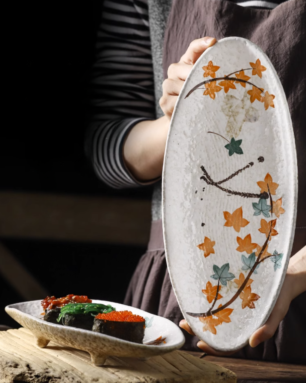Fukutora Ware Hand-Painted Maple Leaf Sushi Plate