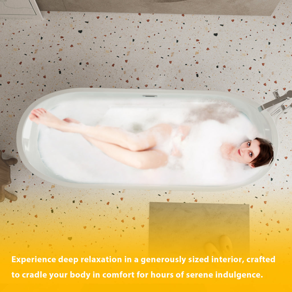 59'' acrylic freestanding bathtub with unique diamond pattern design: spacious oval shape,  Gloss white finish, Chrome overflow and pop-up drain CUPC