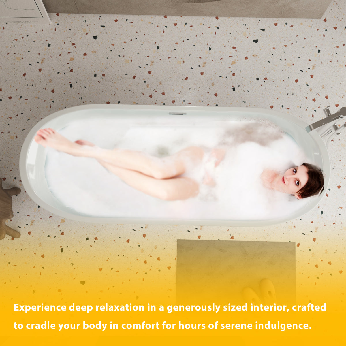 59'' acrylic freestanding bathtub with unique diamond pattern design: spacious oval shape,  Gloss white finish, Chrome overflow and pop-up drain CUPC