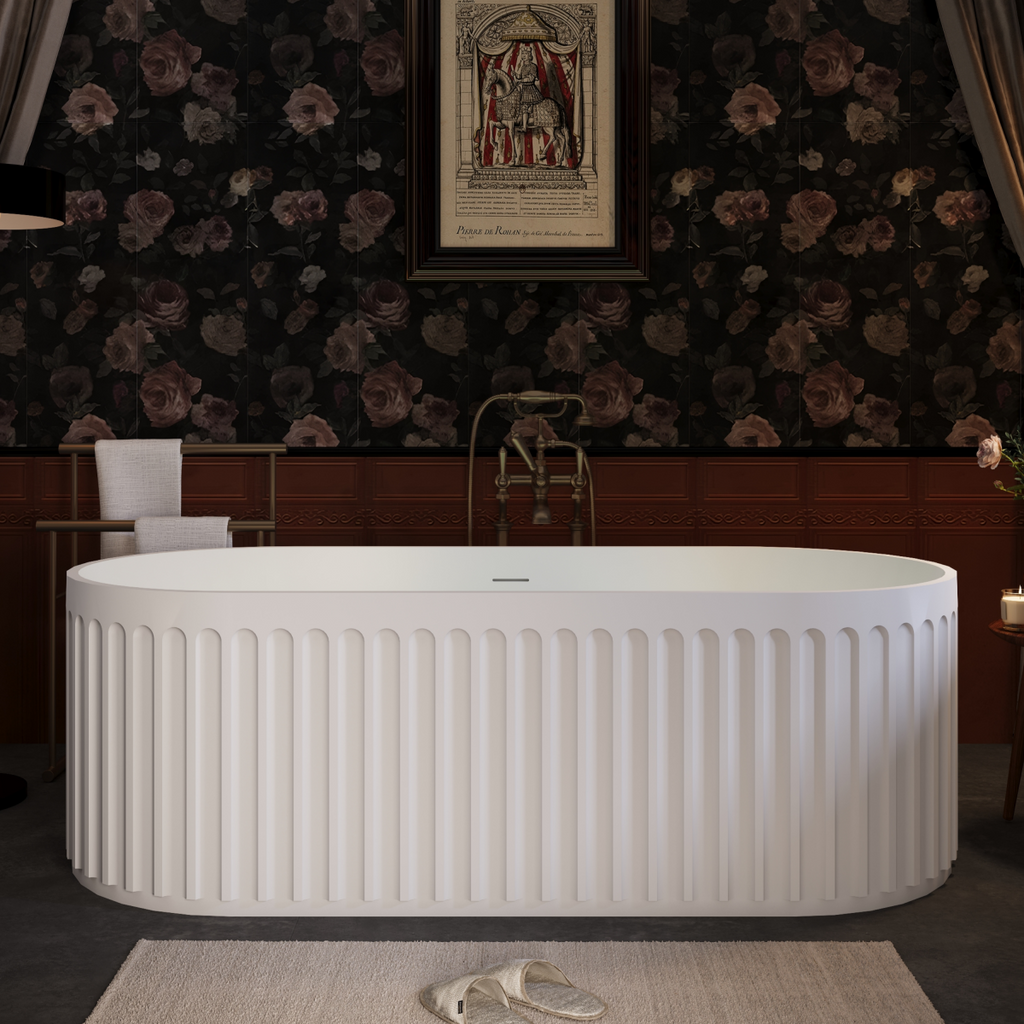 67" Freestanding Solid Surface Bathtub, Luxury Engineered Stone Resin Freestanding Soaking Bathtub with Overflow and Pop-up Drain cUPC Certified,