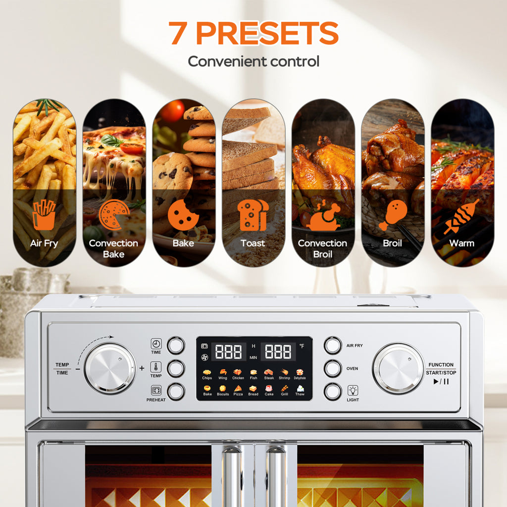 PlumChef 26QT Large French Double Door Air Fryer Oven 1700W 14 Presets 7in1 Silver