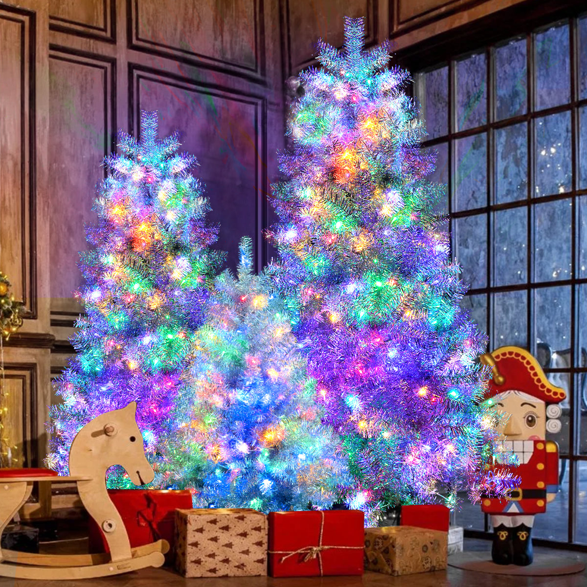6FT Sliver Pre Lit Artificial Xmas Tree Hinged Full Metal Stand 800 Tips 300 LEDs 11 Modes Indoors Outdoors