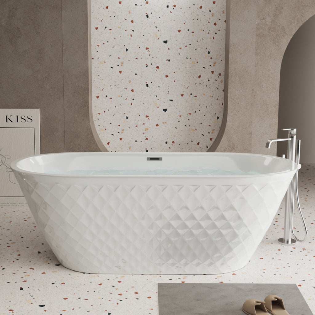 59'' acrylic freestanding bathtub with unique diamond pattern design: spacious oval shape,  Gloss white finish, Chrome overflow and pop-up drain CUPC