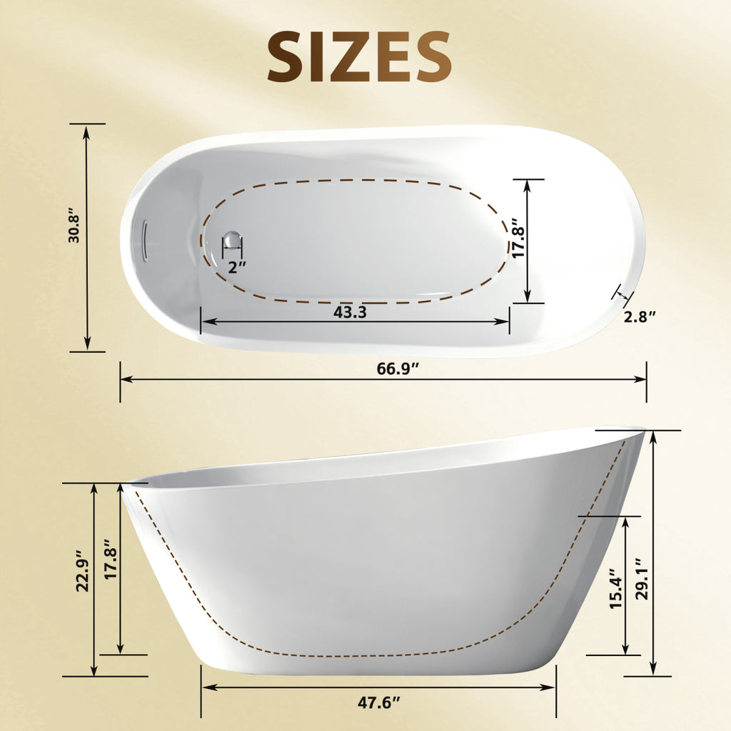 67"Special-shaped Freestanding Slipper Bathtub: Gloss White Finish, Chrome Overflow & Pop-Up Drain, cUPC Certified