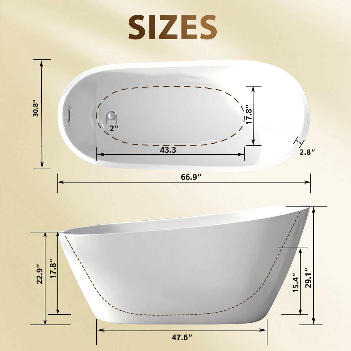 67"Special-shaped Freestanding Slipper Bathtub: Gloss White Finish, Chrome Overflow & Pop-Up Drain, cUPC Certified
