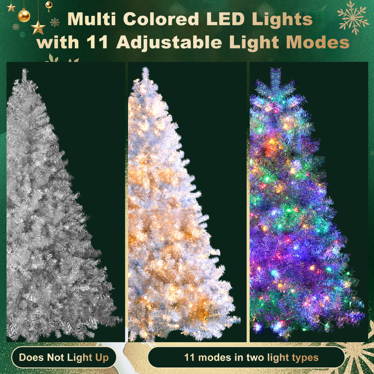 6FT Sliver Pre Lit Artificial Xmas Tree Hinged Full Metal Stand 800 Tips 300 LEDs 11 Modes Indoors Outdoors