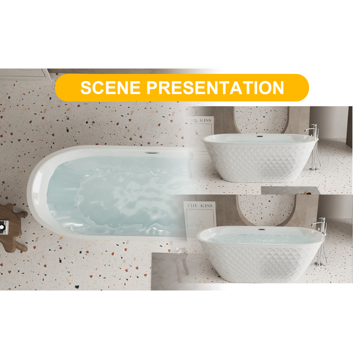 59'' acrylic freestanding bathtub with unique diamond pattern design: spacious oval shape,  Gloss white finish, Chrome overflow and pop-up drain CUPC