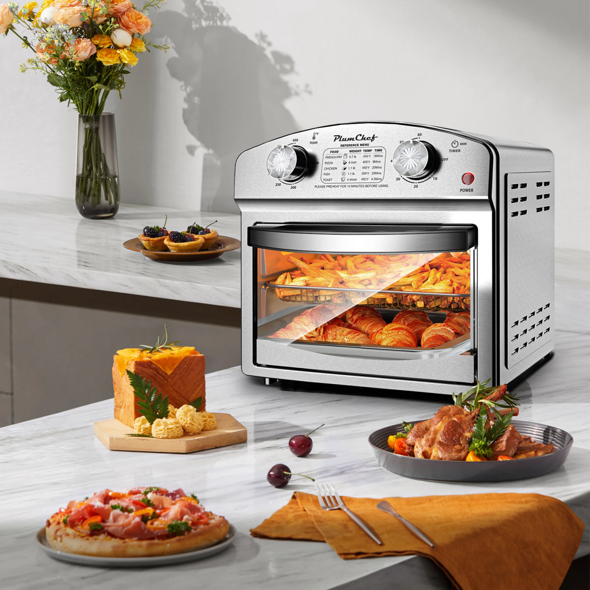 12.5 Quart 7-in-1 Stainless Steel Convection Toaster Oven 1500W 5 Pre-Set Menus Silver
