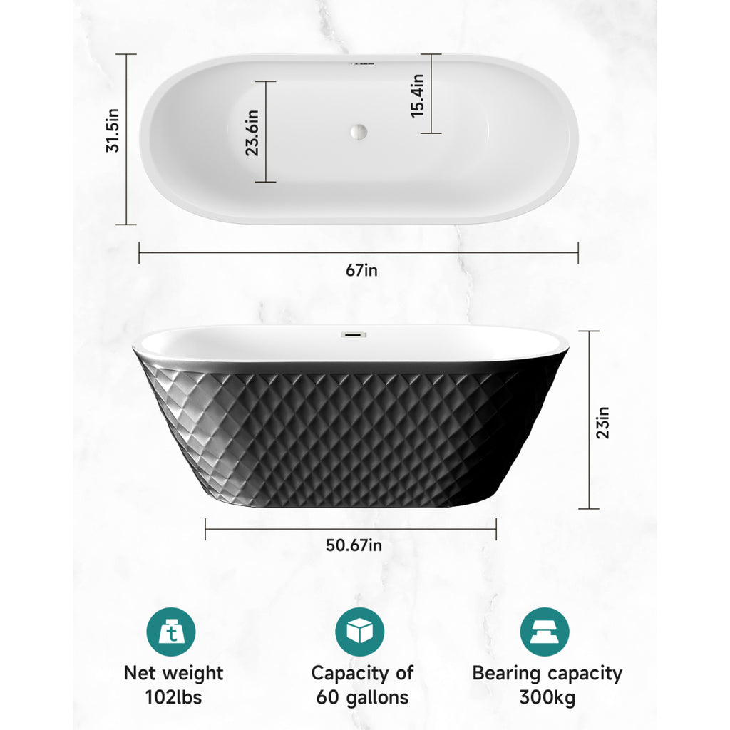 67'' acrylic freestanding bathtub with unique diamond pattern design: spacious oval shape, Black finish, Chrome overflow and pop-up drain CUPC