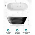 67'' acrylic freestanding bathtub with unique diamond pattern design: spacious oval shape, Black finish, Chrome overflow and pop-up drain CUPC