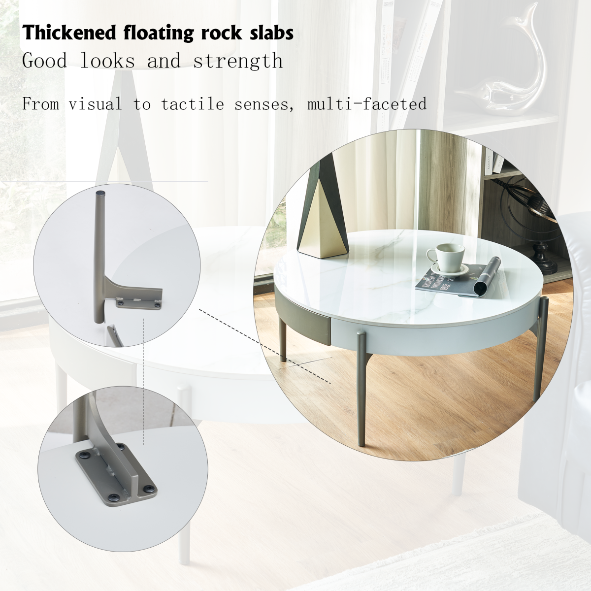 Drum Coffee Table with Ceramic Pattern Top Real Wood Color Drawers and Grey Metal Legs