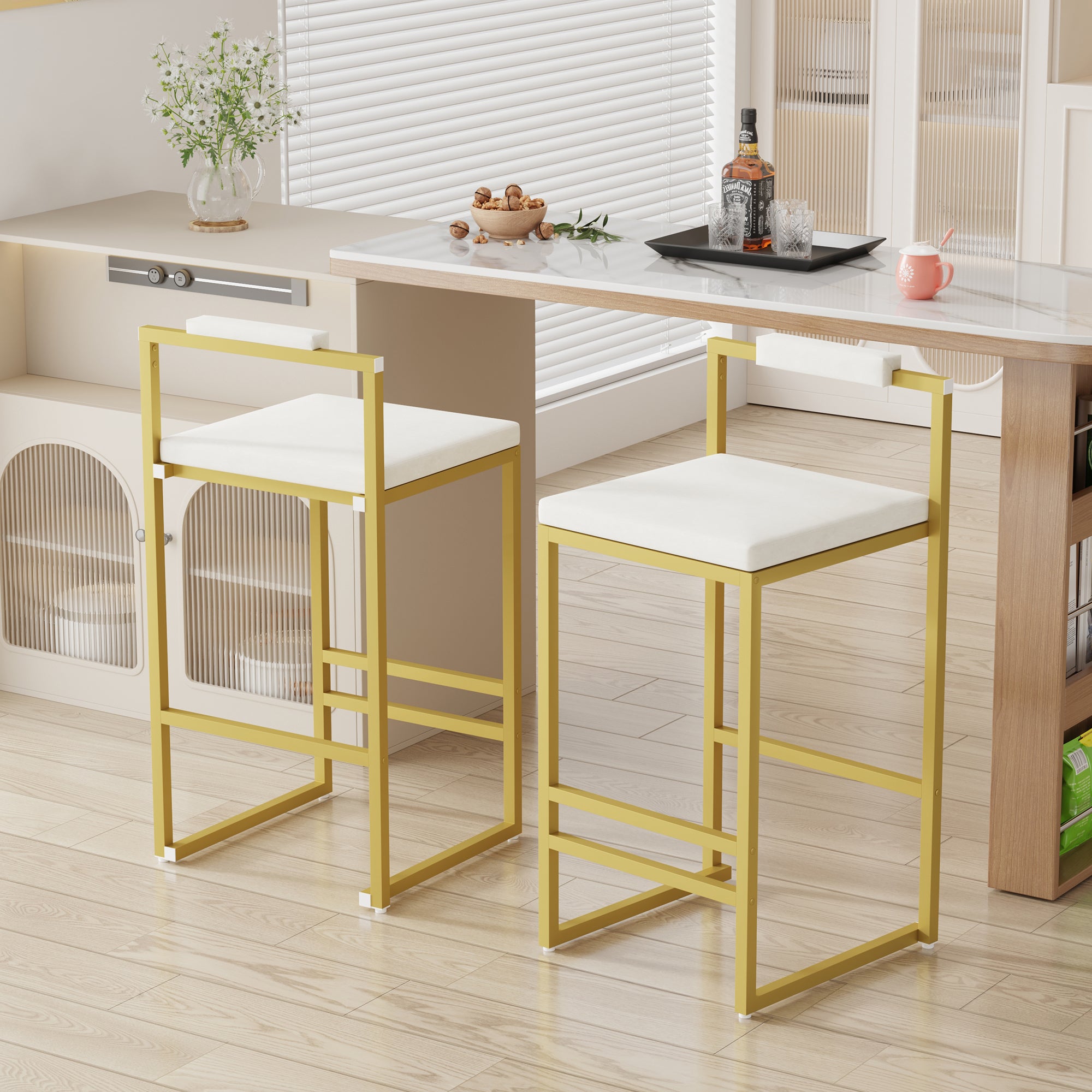 Velvet Bar Stools Set of 2 – Gold Legs, Creamy White