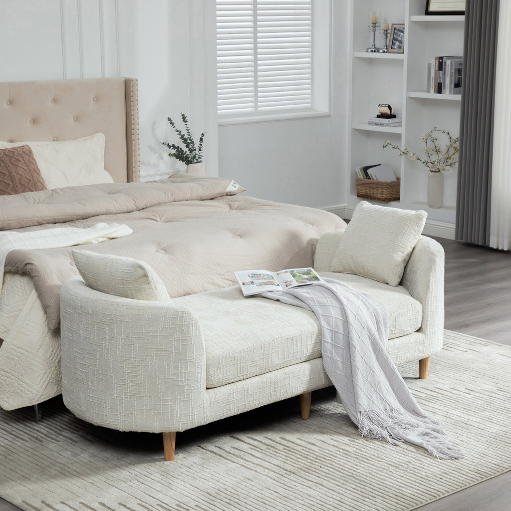 77.17" Wide Modern Upholstered End of Bed Bench in Beige Chenille