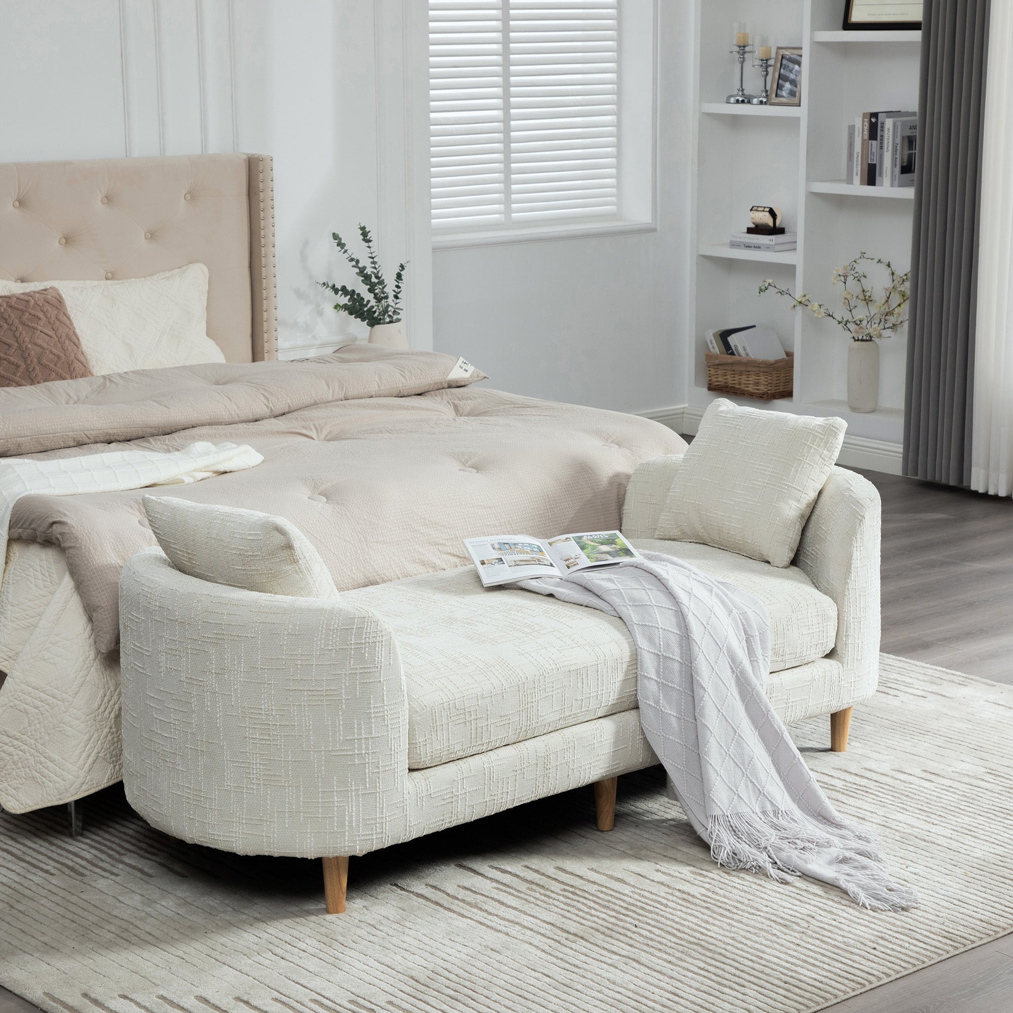 77.17" Wide Modern Upholstered End of Bed Bench in Beige Chenille