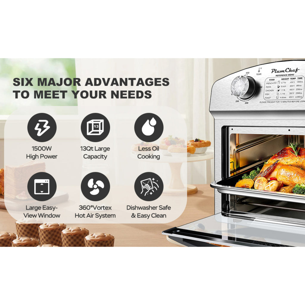 12.5 Quart 7-in-1 Stainless Steel Convection Toaster Oven 1500W 5 Pre-Set Menus Silver