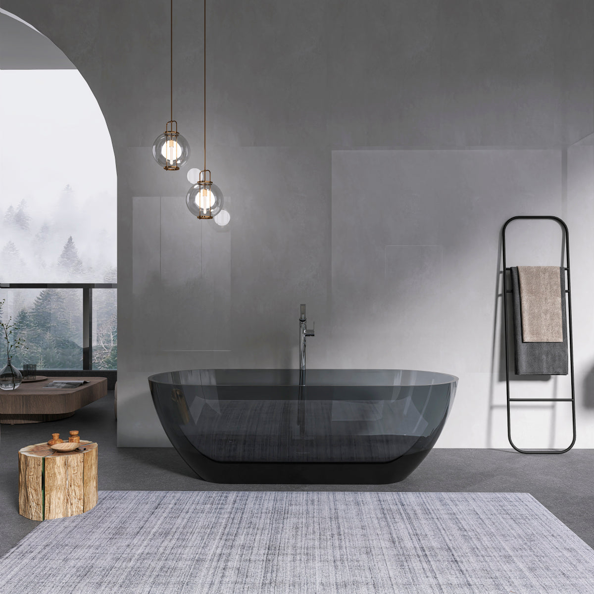 69 Inch Oval Freestanding Soaking Tub | Translucent Grey Blue Resin Stone| Deep Bath