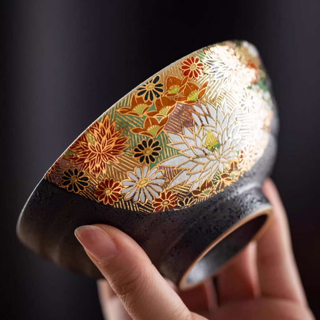 Kutani Ware Golden Floral Sea Rice Bowl Set