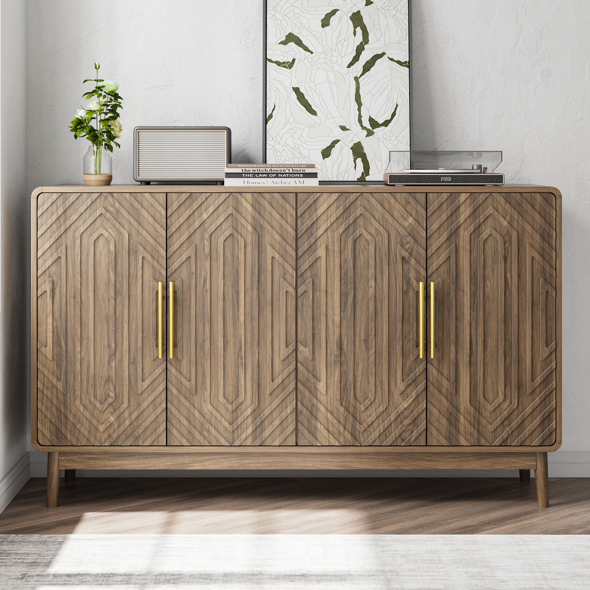 Modern Farmhouse Sideboard Cabinet 4 Door Buffet Storage with Carved Details and Adjustable Shelves
