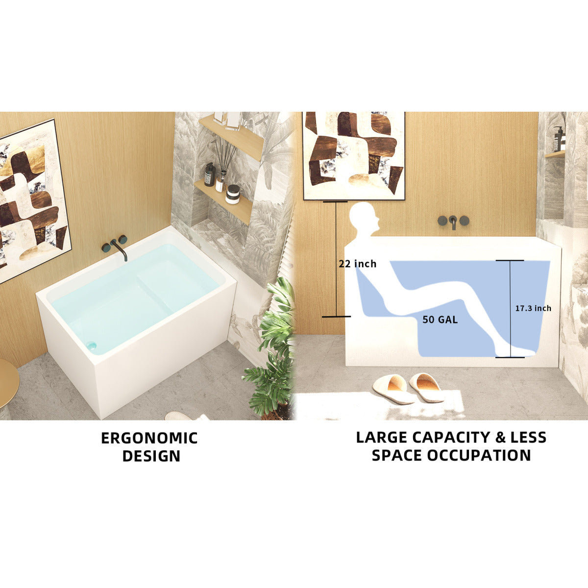 43" Acrylic Freestanding Bathtub with seat: Spacious rectangle Shape, Gloss White Finish, Chrome Overflow & Pop-Up Drain