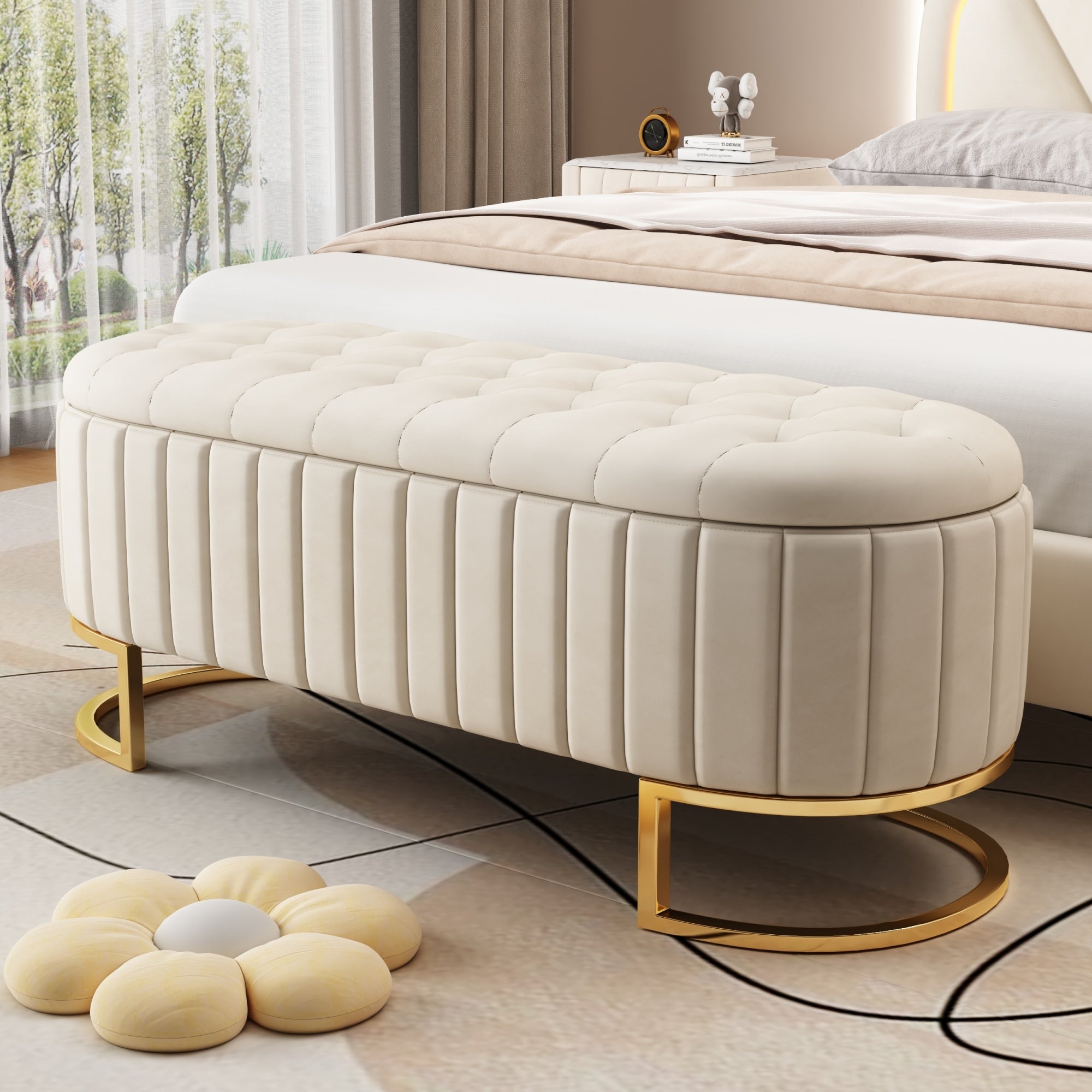 Elegant Upholstered Velvet Storage Ottoman in Beige
